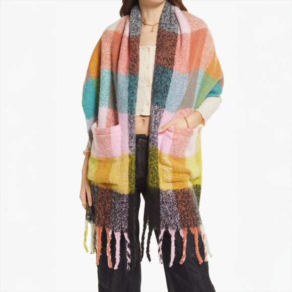 bp Accessories - Plaid Blanket Scarf with Pockets In Rainbow Multi